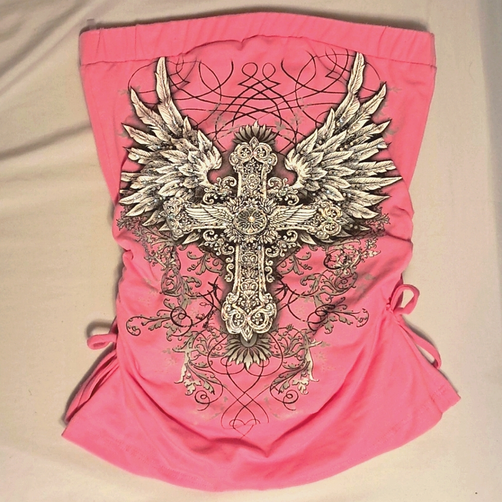 Pink Tube Top with Winged Cross Design